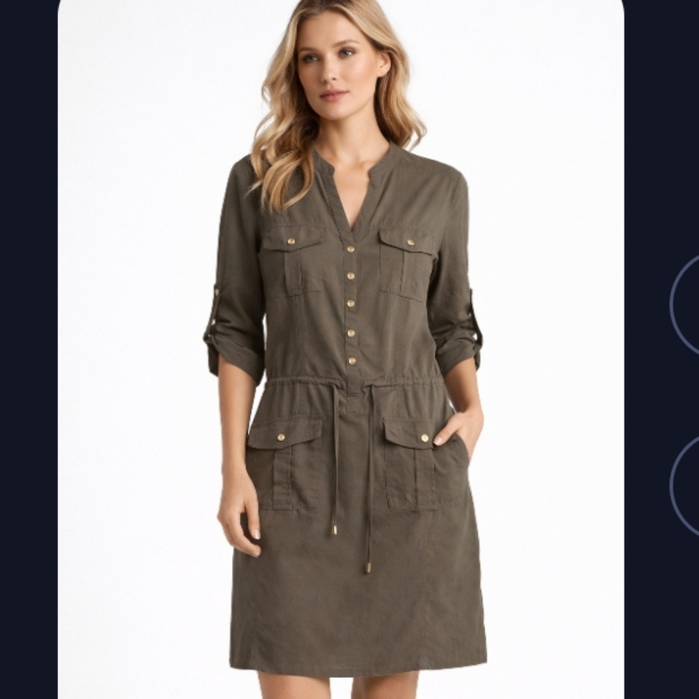 Calvin Klein Dress Khaki Army Green Snap Button 3/4 Sleeve Pockets V Neck